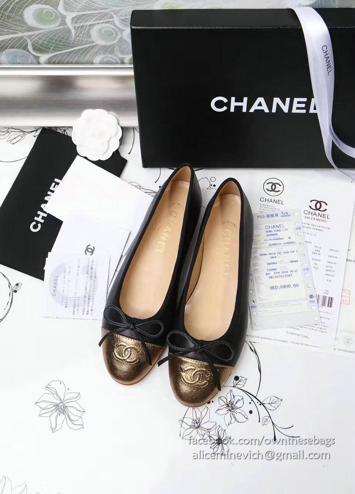 Chanel Black Lambskin Ballet Flats Gold Cap Toe CH1610