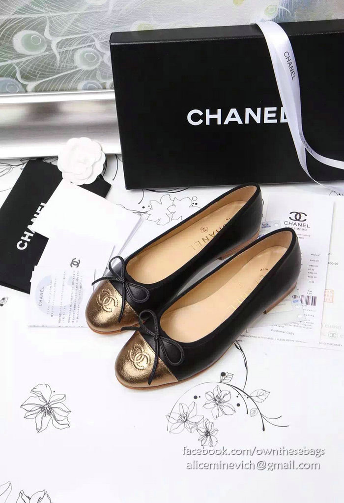 Chanel Black Lambskin Ballet Flats Gold Cap Toe CH1610