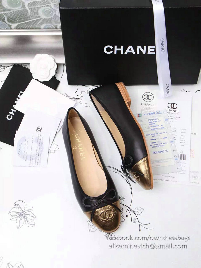 Chanel Black Lambskin Ballet Flats Gold Cap Toe CH1610