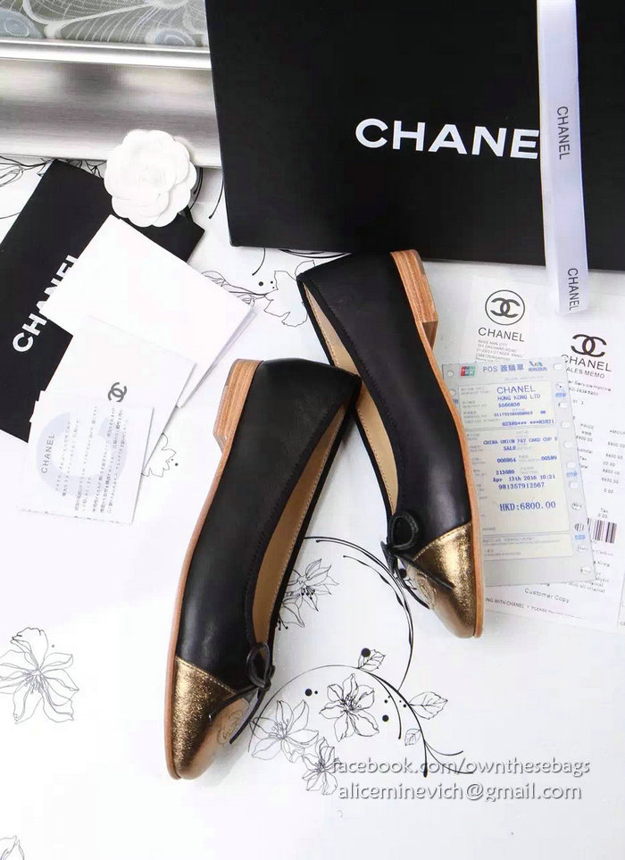 Chanel Black Lambskin Ballet Flats Gold Cap Toe CH1610