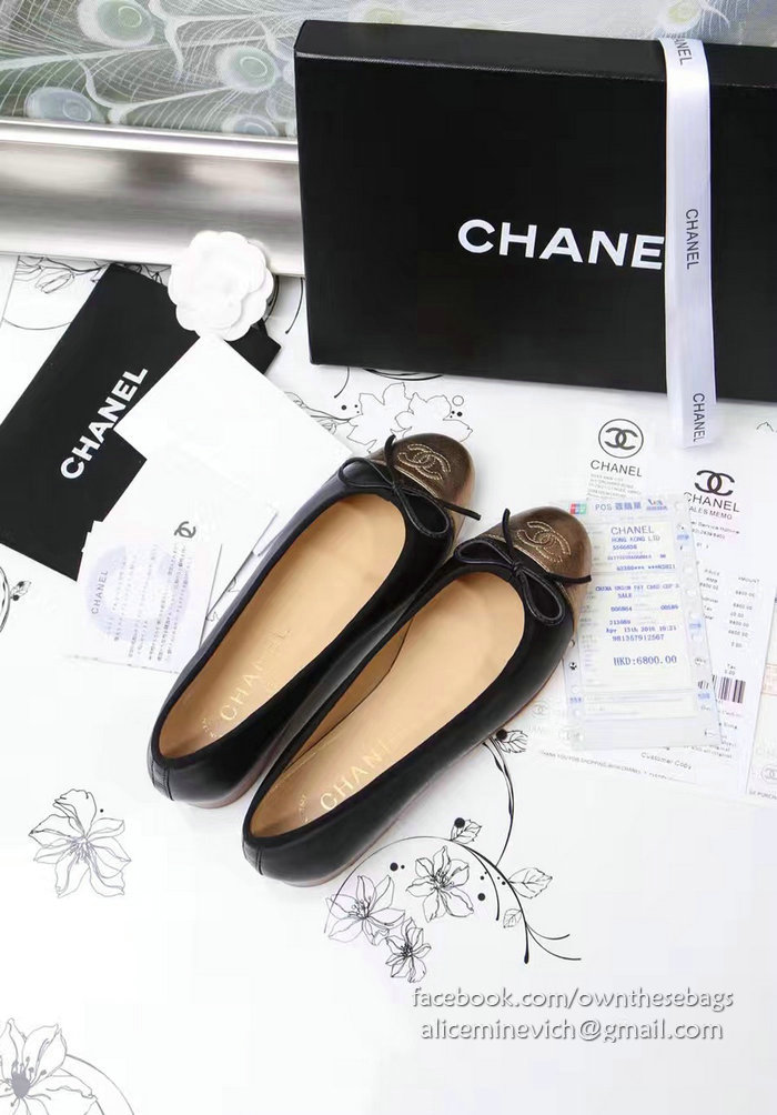 Chanel Black Lambskin Ballet Flats Gold Cap Toe CH1610