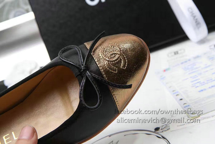 Chanel Black Lambskin Ballet Flats Gold Cap Toe CH1610