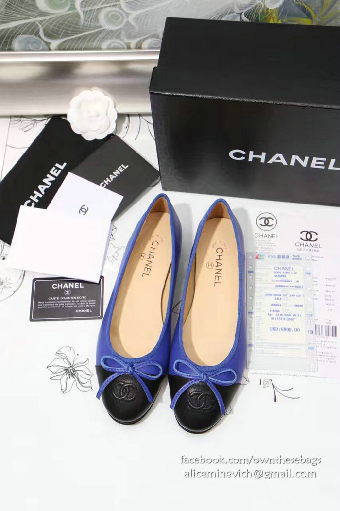 Chanel Blue Lambskin Ballet Flats Black Cap Toe CH1610