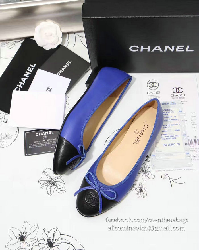 Chanel Blue Lambskin Ballet Flats Black Cap Toe CH1610