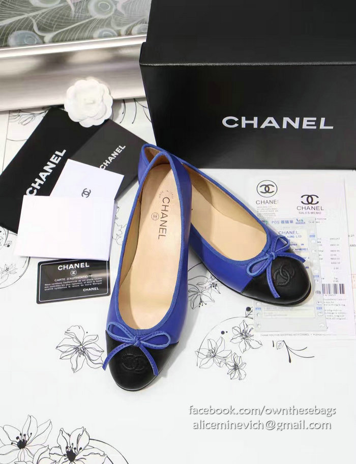 Chanel Blue Lambskin Ballet Flats Black Cap Toe CH1610