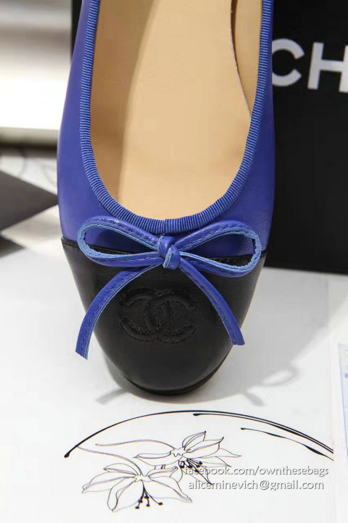 Chanel Blue Lambskin Ballet Flats Black Cap Toe CH1610