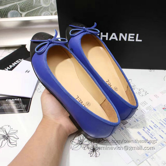 Chanel Blue Lambskin Ballet Flats Black Cap Toe CH1610