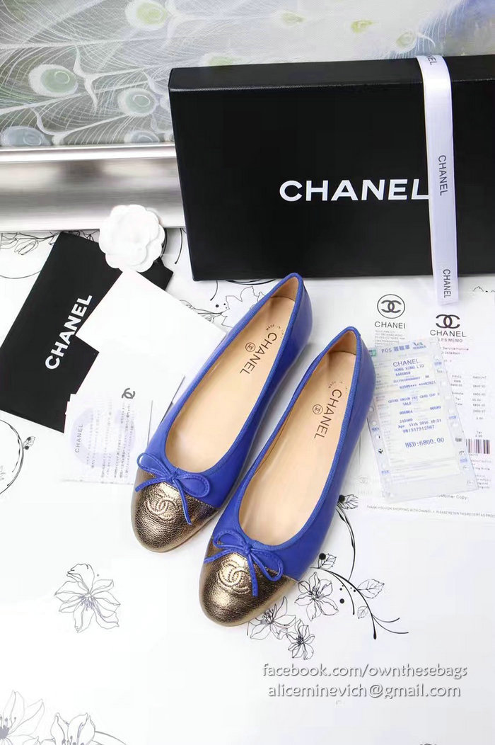 Chanel Blue Lambskin Ballet Flats Gold Cap Toe CH1610