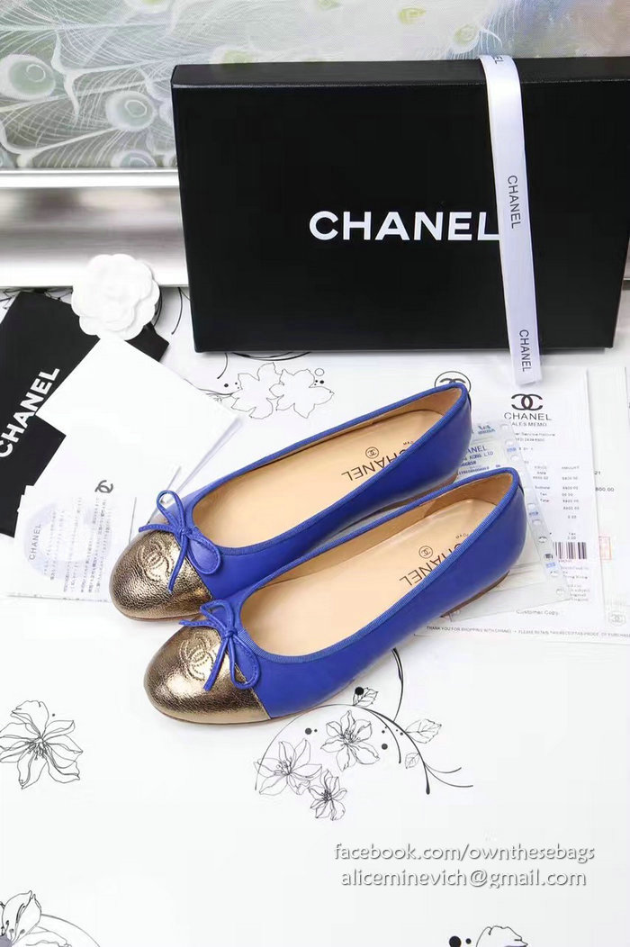 Chanel Blue Lambskin Ballet Flats Gold Cap Toe CH1610