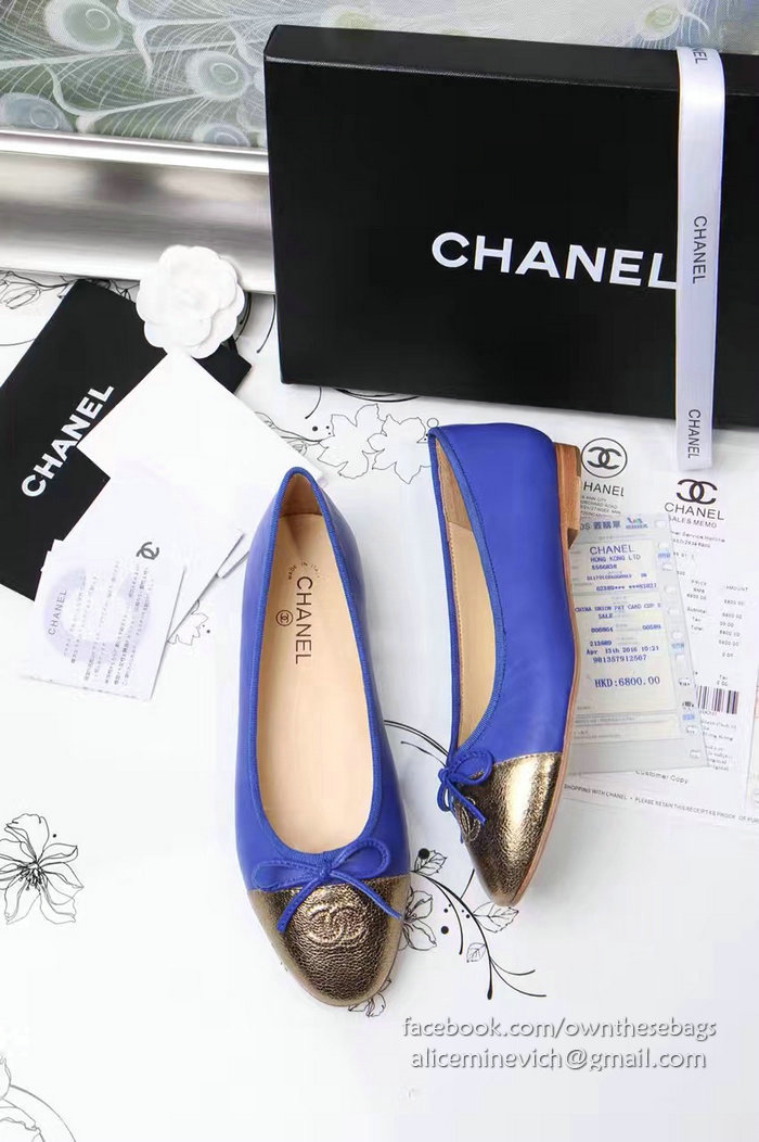 Chanel Blue Lambskin Ballet Flats Gold Cap Toe CH1610