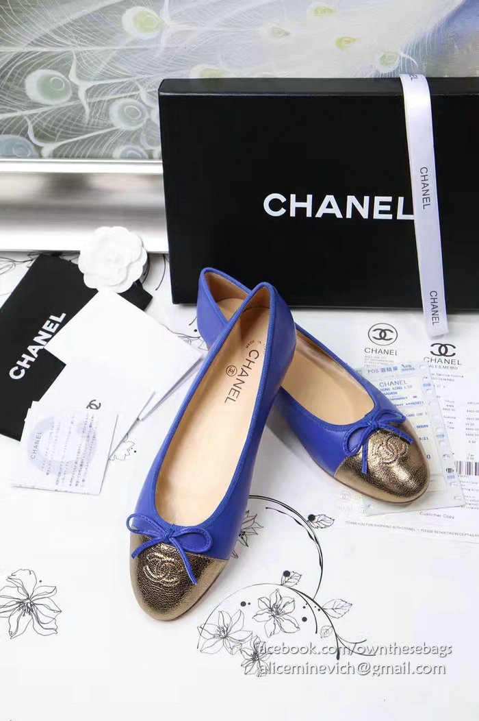 Chanel Blue Lambskin Ballet Flats Gold Cap Toe CH1610