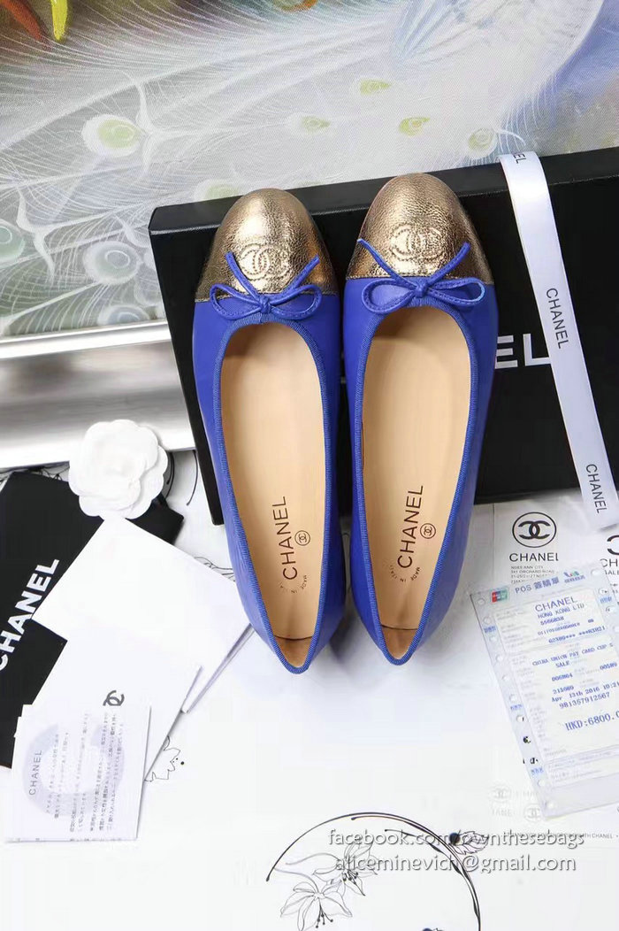 Chanel Blue Lambskin Ballet Flats Gold Cap Toe CH1610