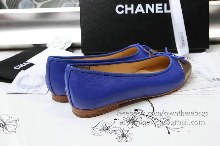 Chanel Blue Lambskin Ballet Flats Gold Cap Toe CH1610