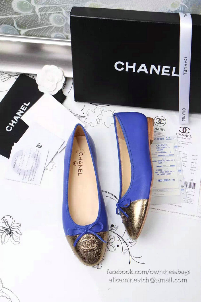 Chanel Blue Lambskin Ballet Flats Gold Cap Toe CH1610