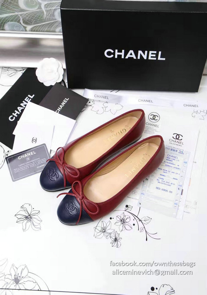 Chanel Burgundy Lambskin Ballet Flats Blue Cap Toe CH1610