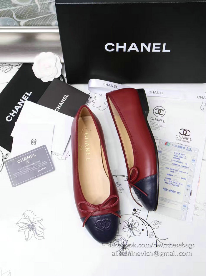 Chanel Burgundy Lambskin Ballet Flats Blue Cap Toe CH1610