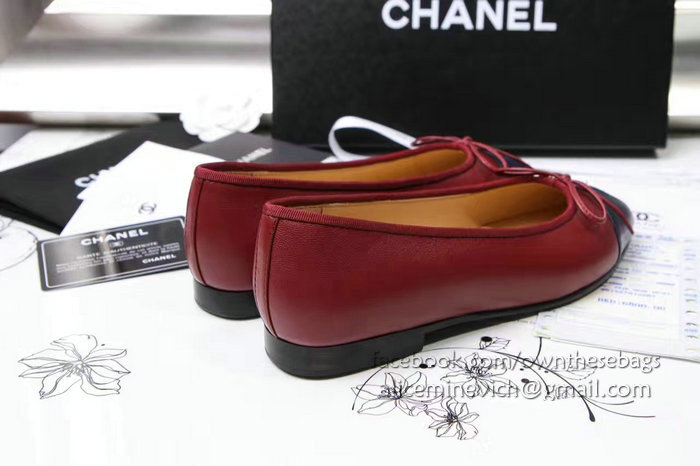 Chanel Burgundy Lambskin Ballet Flats Blue Cap Toe CH1610