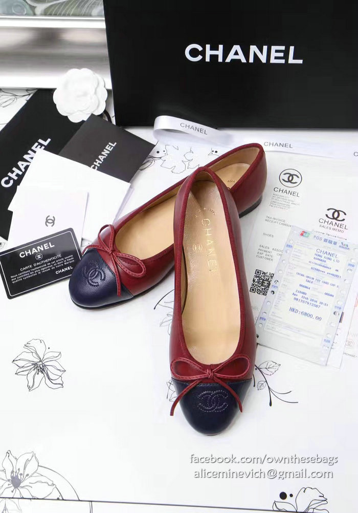 Chanel Burgundy Lambskin Ballet Flats Blue Cap Toe CH1610