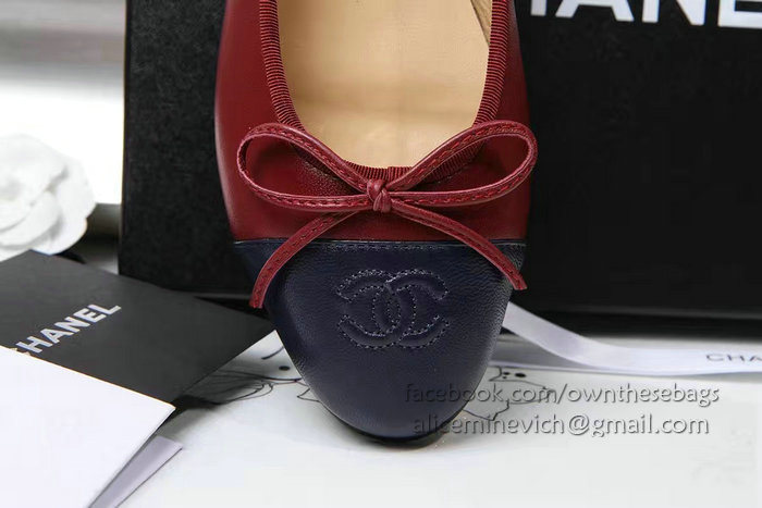 Chanel Burgundy Lambskin Ballet Flats Blue Cap Toe CH1610