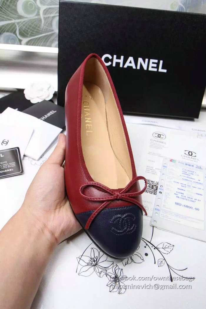 Chanel Burgundy Lambskin Ballet Flats Blue Cap Toe CH1610