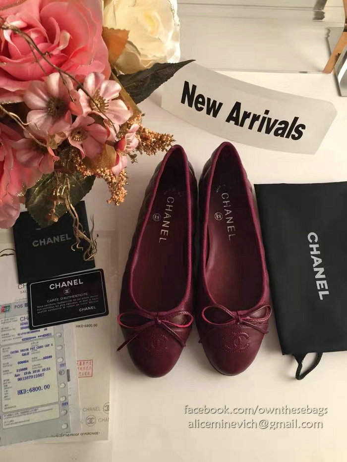 Chanel Burgundy Lambskin Ballet Flats Cap Toe CH1640