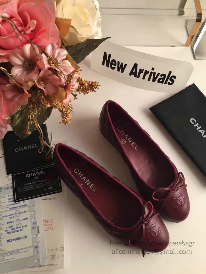 Chanel Burgundy Lambskin Ballet Flats Cap Toe CH1640