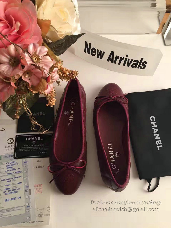 Chanel Burgundy Lambskin Ballet Flats Cap Toe CH1640