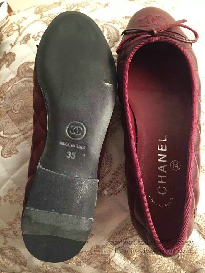 Chanel Burgundy Lambskin Ballet Flats Cap Toe CH1640