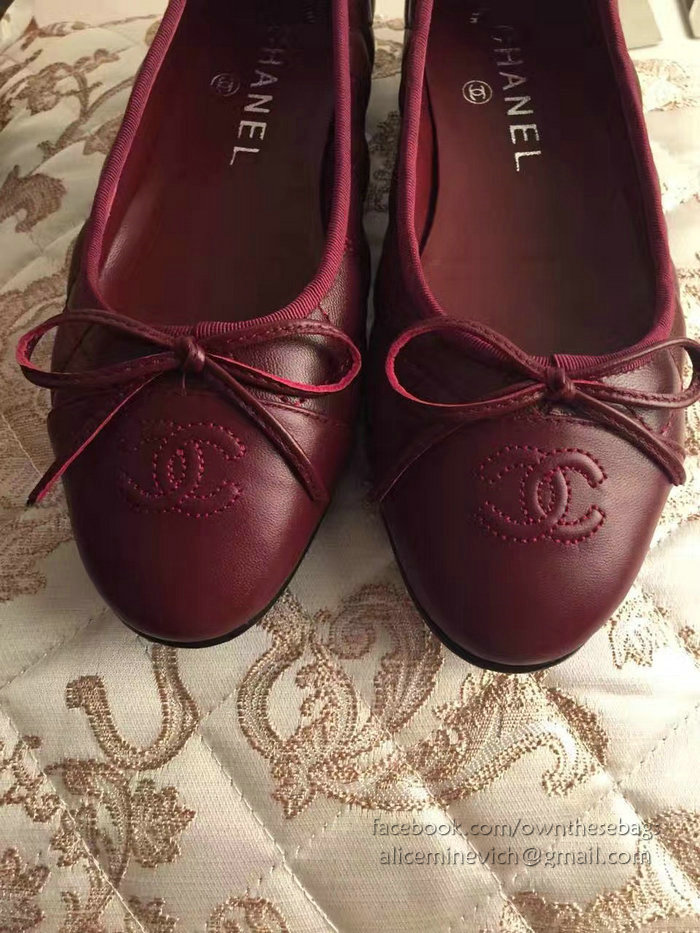 Chanel Burgundy Lambskin Ballet Flats Cap Toe CH1640