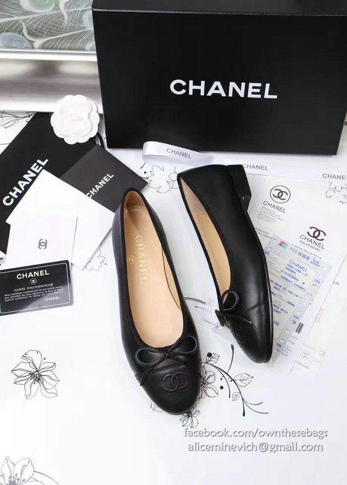 Chanel Tan Lambskin Ballet Flats Black Cap Toe CH1610