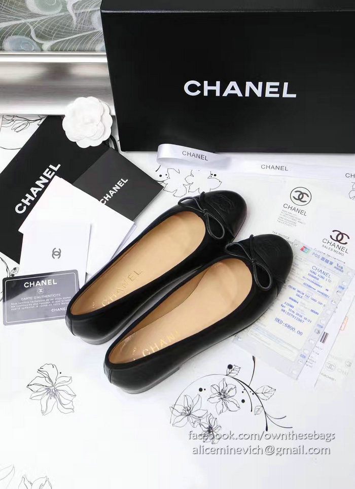 Chanel Tan Lambskin Ballet Flats Black Cap Toe CH1610