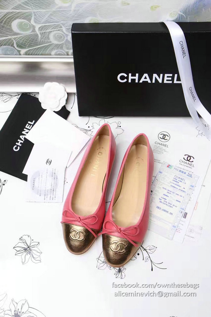 Chanel Pink Lambskin Ballet Flats Gold Cap Toe CH1610