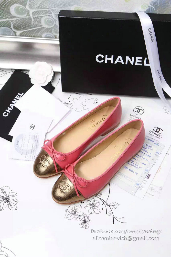 Chanel Pink Lambskin Ballet Flats Gold Cap Toe CH1610