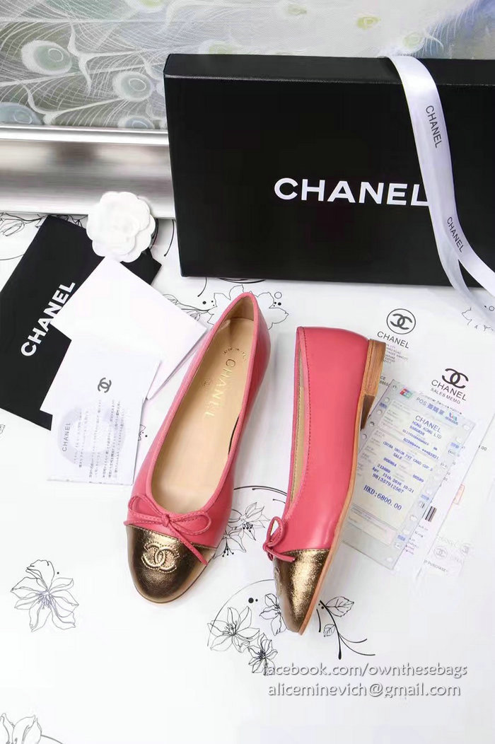 Chanel Pink Lambskin Ballet Flats Gold Cap Toe CH1610