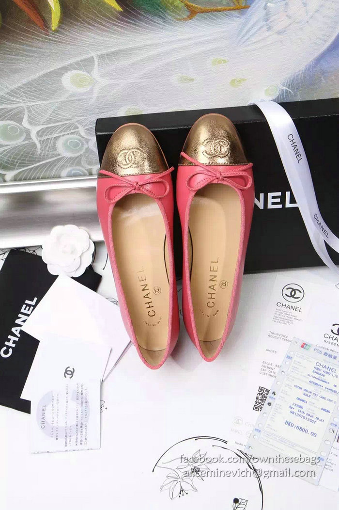 Chanel Pink Lambskin Ballet Flats Gold Cap Toe CH1610