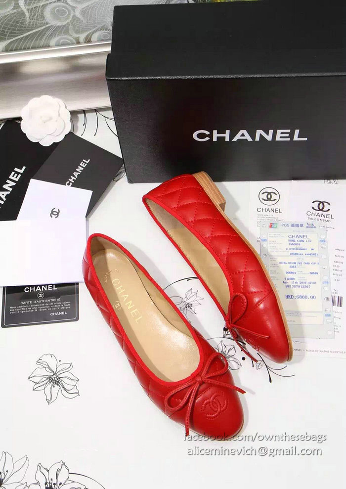 Chanel Red Lambskin Ballet Flats Cap Toe CH1640