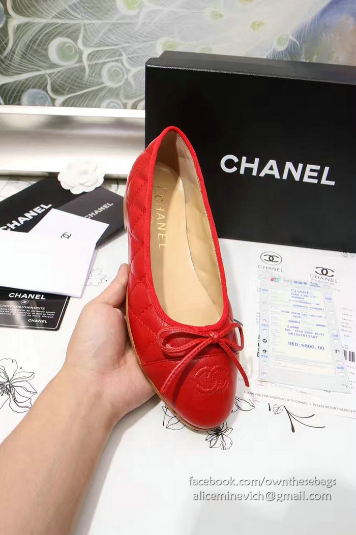 Chanel Red Lambskin Ballet Flats Cap Toe CH1640