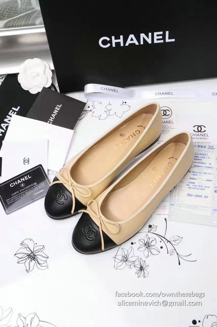 Chanel Tan Lambskin Ballet Flats Black Cap Toe CH1610