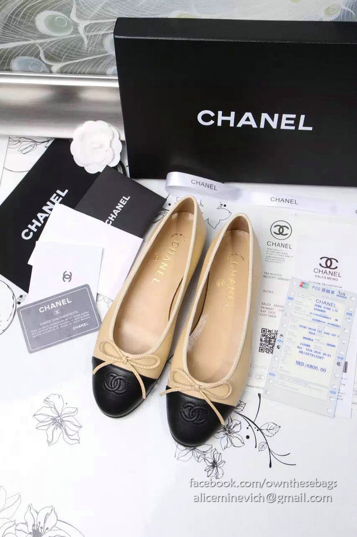 Chanel Tan Lambskin Ballet Flats Black Cap Toe CH1610