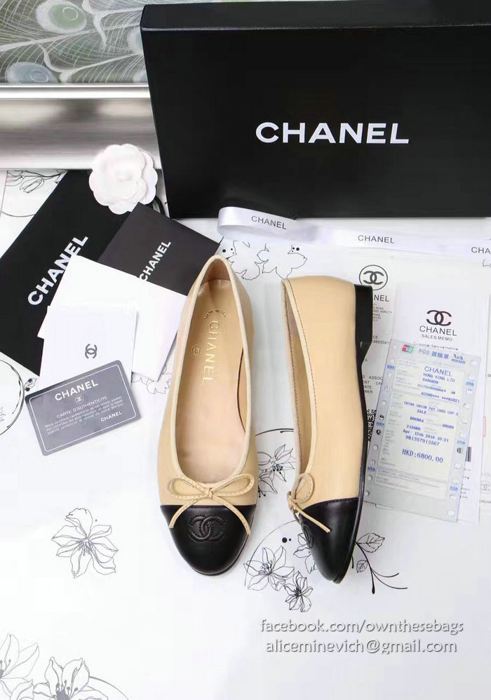 Chanel Tan Lambskin Ballet Flats Black Cap Toe CH1610