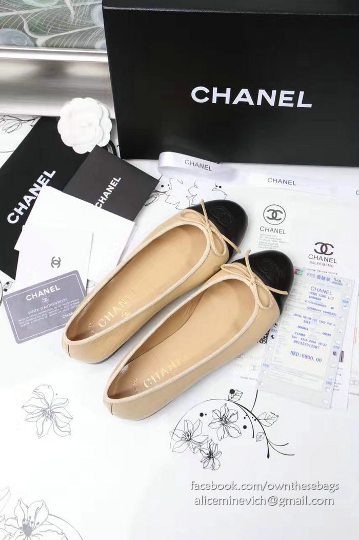 Chanel Tan Lambskin Ballet Flats Black Cap Toe CH1610