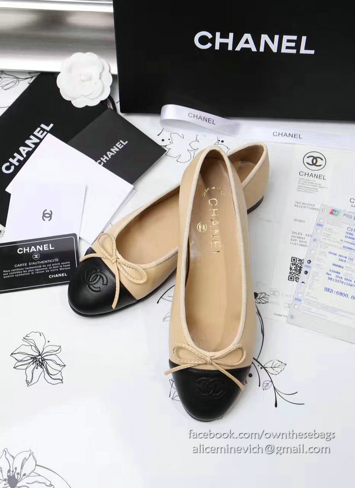 Chanel Tan Lambskin Ballet Flats Black Cap Toe CH1610