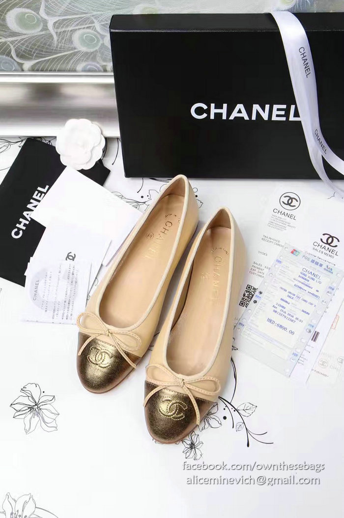 Chanel Tan Lambskin Ballet Flats Gold Cap Toe CH1610