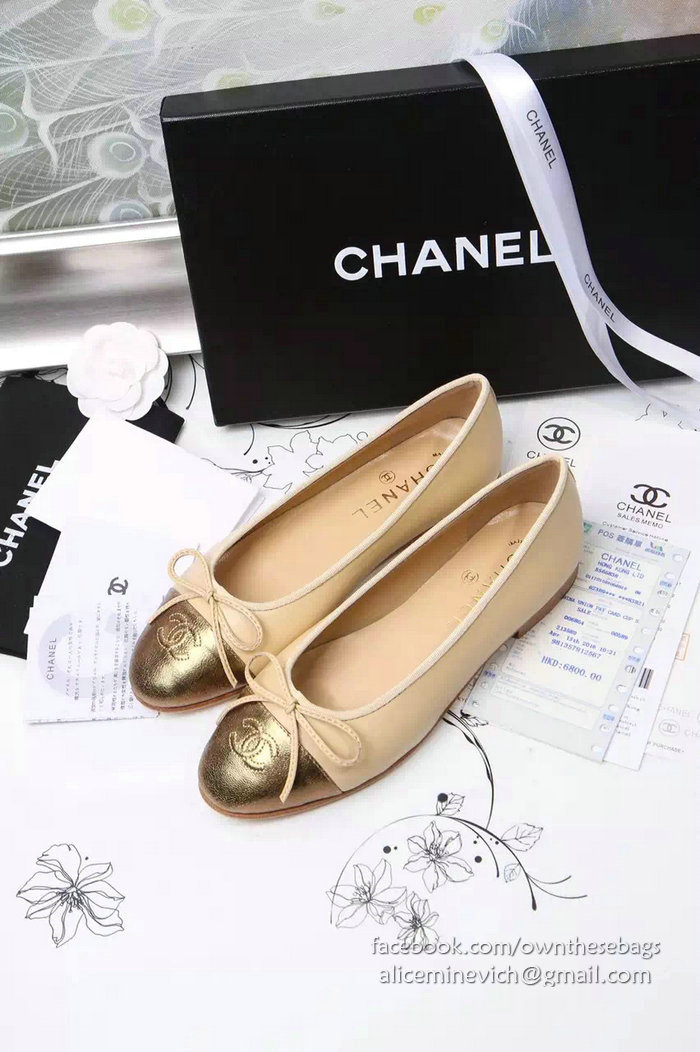 Chanel Tan Lambskin Ballet Flats Gold Cap Toe CH1610