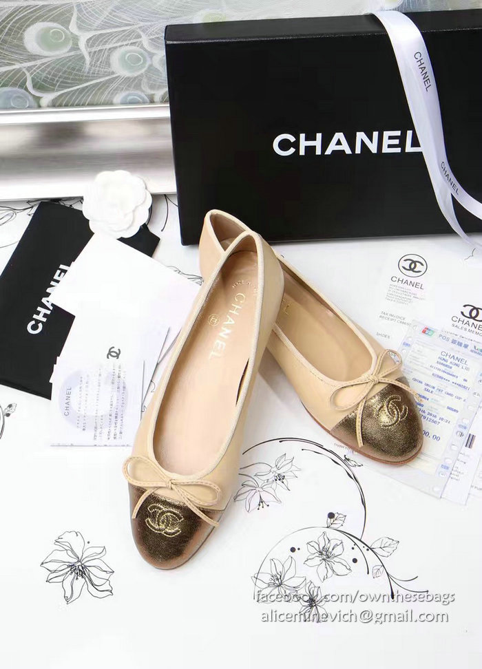 Chanel Tan Lambskin Ballet Flats Gold Cap Toe CH1610