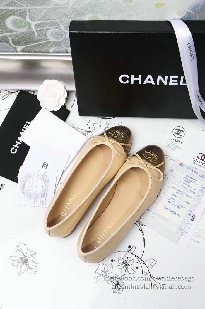 Chanel Tan Lambskin Ballet Flats Gold Cap Toe CH1610