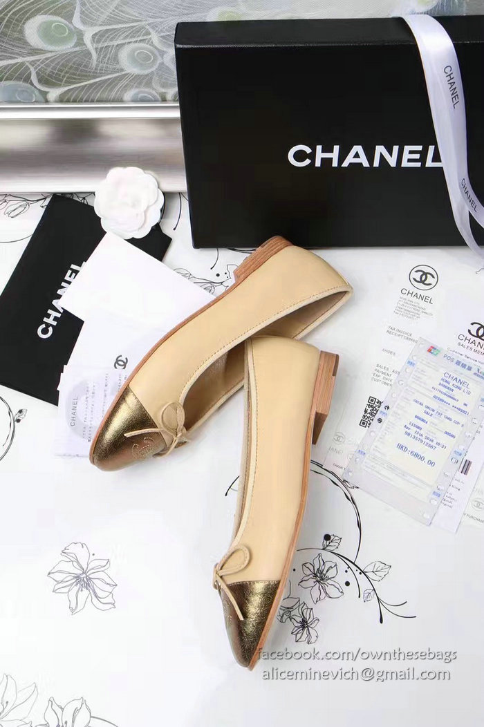 Chanel Tan Lambskin Ballet Flats Gold Cap Toe CH1610