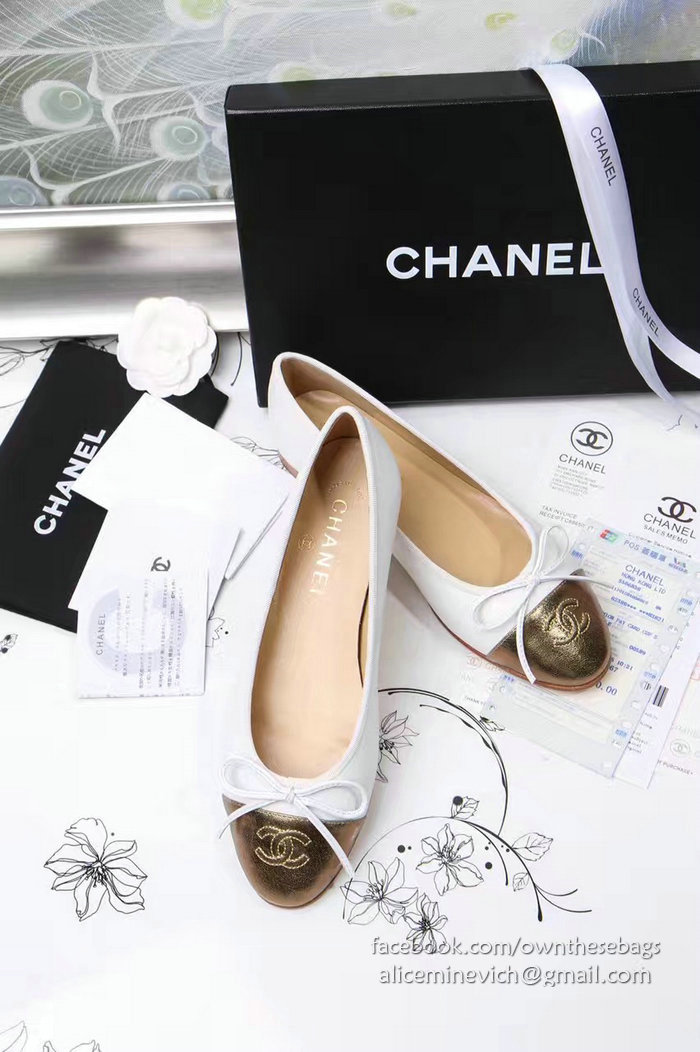 Chanel White Lambskin Ballet Flats Gold Cap Toe CH1610