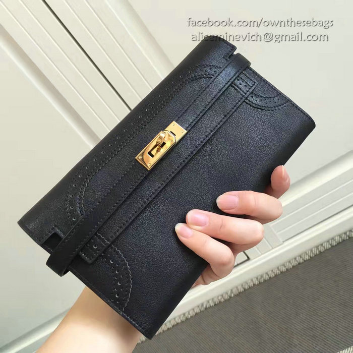 Hermes Kelly Clutch Bag in Black Swift Leather HK1210