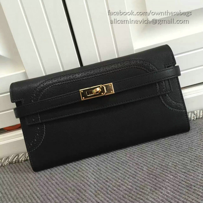 Hermes Kelly Clutch Bag in Black Swift Leather HK1210